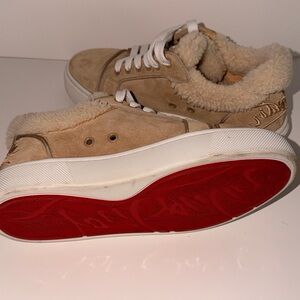 Christian Louboutin Beige Suede Shearling-Lined Sneakers with Red Soles